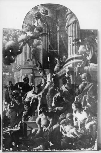 tableau : la Présentation de la Vierge au Temple. Vue générale après rentoilage et enlevage des repeints, avant retouches picturales.. - © Ministère de la Culture (France), Médiathèque du patrimoine et de la photographie (objets mobiliers), tous droits réservés