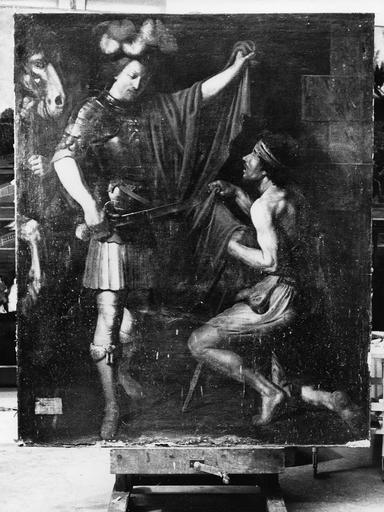 tableau d'autel : la charité de saint Martin. Vue générale avant restauration.