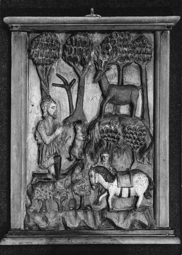 bas-relief : la chasse de saint Hubert, bois peint