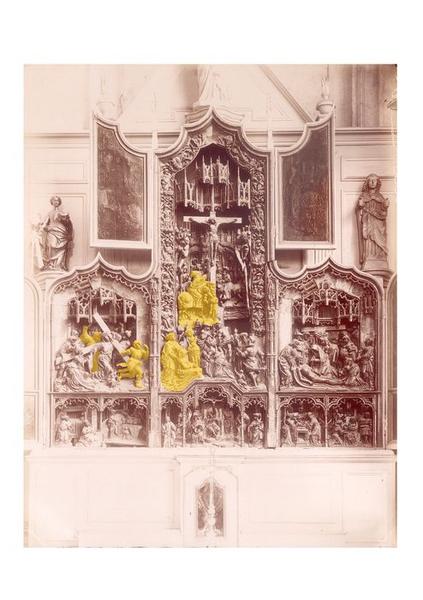 retable : Passion, en jaune les éléments volés en 1973, restitués en 1993 ou en 2007.