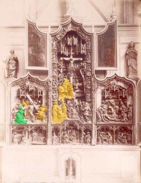 retable : Passion, en jaune les éléments volés en 1973, restitués en 1993 ou en 2007. En vert, élément volé en 1973, redécouvert en 2016.