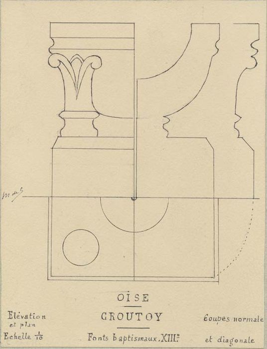 fonts baptismaux (cuve baptismale à infusion), coupe, détails (dessin : Encre sur papier)