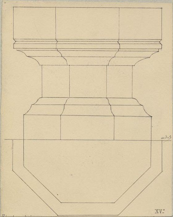 fonts baptismaux (cuve baptismale à infusion), coupe (dessin : Encre sur papier)