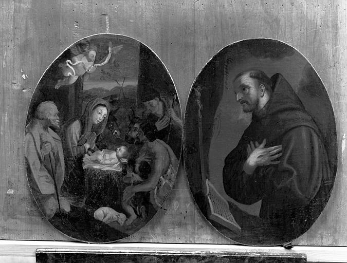Deux tableaux ovales avec cadre, peintures sur toile : L'Adoration des Bergers, Moine en prières, état après restauration - © Ministère de la Culture (France), Médiathèque du patrimoine et de la photographie, diffusion RMN-GP