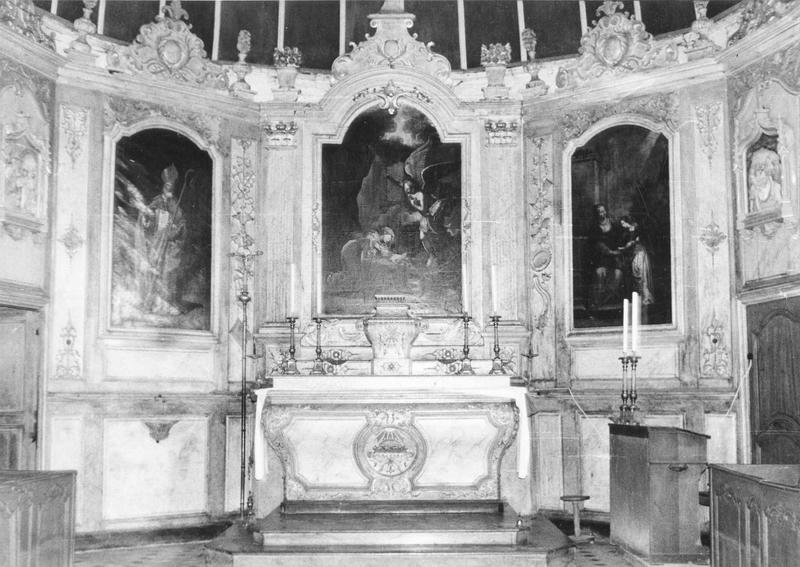 maître-autel, retable, 3 tableaux : L'Annonciation, L'Education de la Vierge, Saint Aubin, vue générale