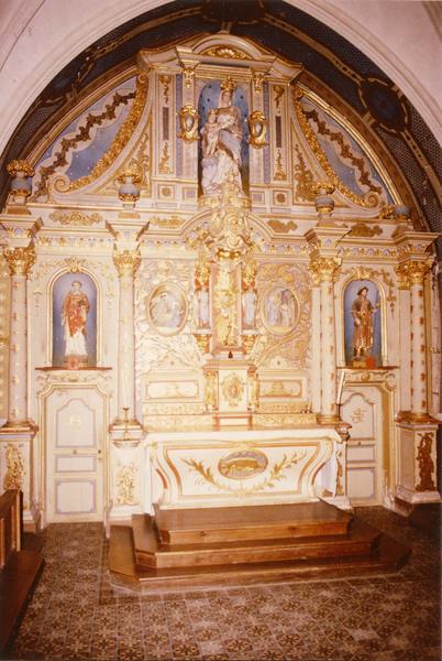 maître-autel, retable, tabernacle, 2 statuettes, vue générale