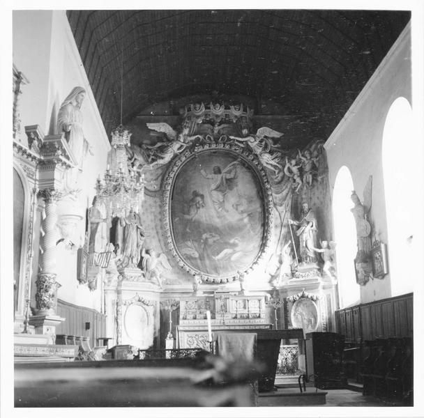 maître-autel, gradin, retable, bas-reliefs, statues : saint Augustin et saint Norbert, tableau : La Transfiguration, vue générale