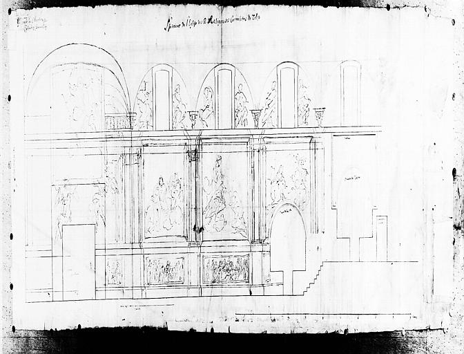 Dessin, élévation latérale, décoration intérieure : vue d'ensemble