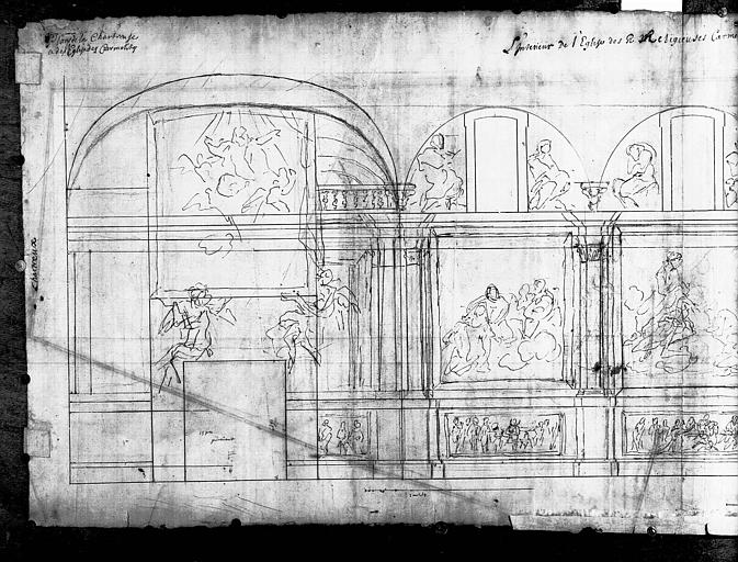 Dessin, élévation latérale, décoration intérieure : partie à dextre