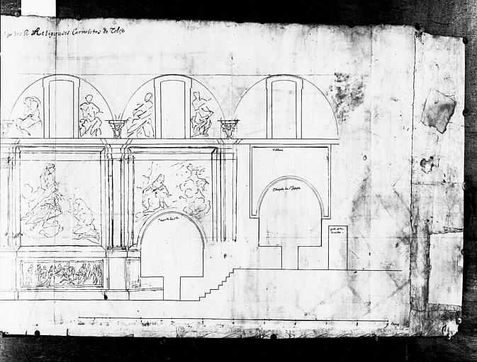 Dessin, élévation latérale, décoration intérieure : partie à senestre