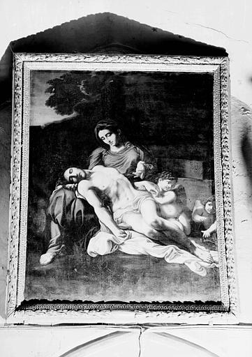 Peinture sur toile dans un cadre en bois sculpté et doré : La Descente de Croix