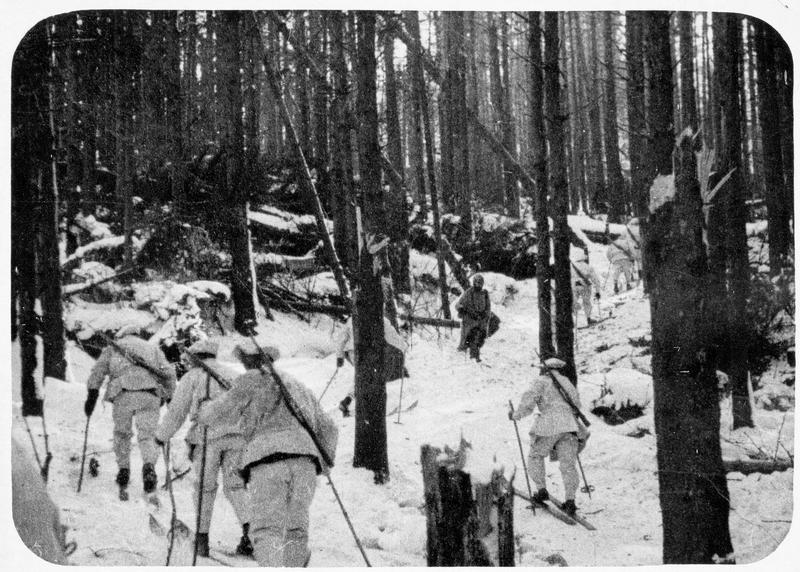 Front italien. Soldats à ski dans la forêt