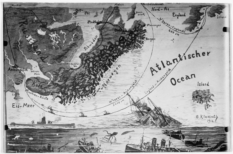Carte géographique illustrée montrant la distance de l'Angleterre à Arkangelsk, pour le transport de munitions anglaises par la mer du Nord. D'après un dessin du docteur C. Klamroth 1916