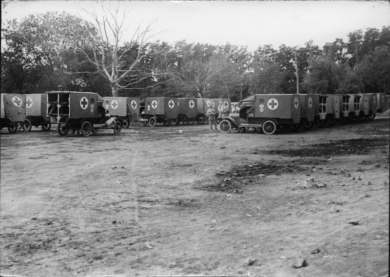 Section sanitaire automobile roumaine. Autos sanitaires Regina Maria alignées