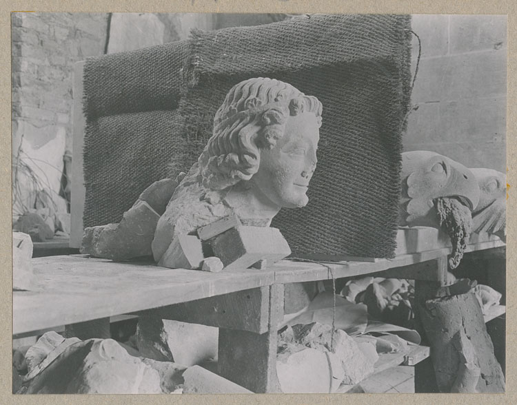 Statue : tête d'ange mutilée, profil droit, provenant de la cathédrale