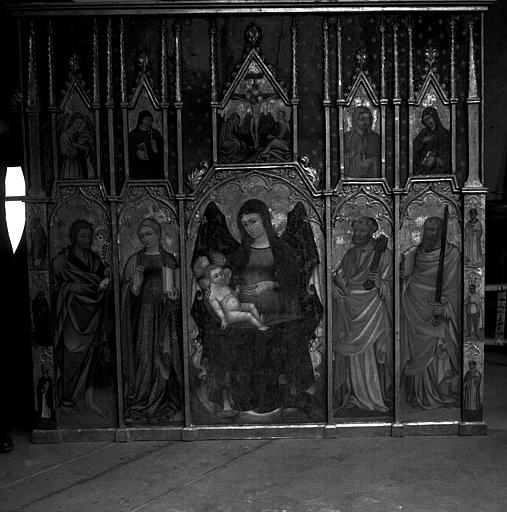 Panneaux peint de retable : Vierge à l'Enfant entourée de saints et surmontée de la Crucifixion (ensemble)