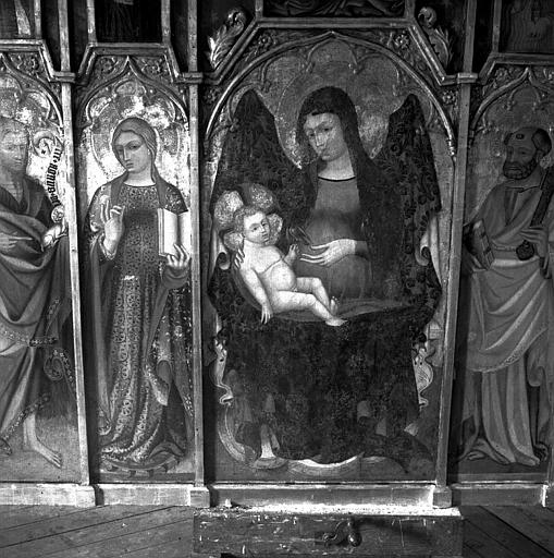 Panneaux peint de retable : Vierge à l'Enfant entourée de saints et surmontée de la Crucifixion (partie inférieure gauche)