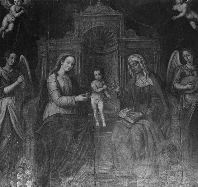 tableau : sainte Anne la Vierge et l'Enfant Jésus entre deux anges musiciens