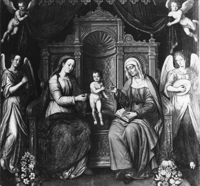 tableau : sainte Anne la Vierge et l'Enfant Jésus entre deux anges musiciens