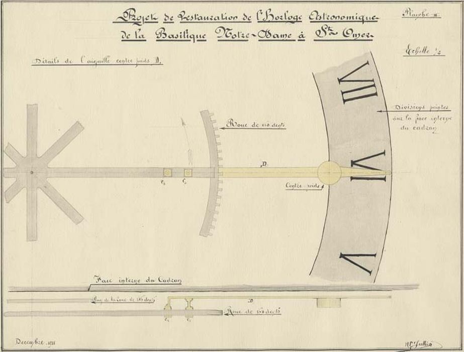 horloge astronomique, détail de l’aiguille contre-poids (dessin : Encre sur papier)