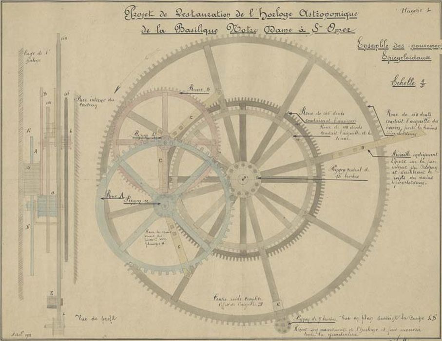 horloge astronomique, détail des mouvements (dessin : Encre sur papier)