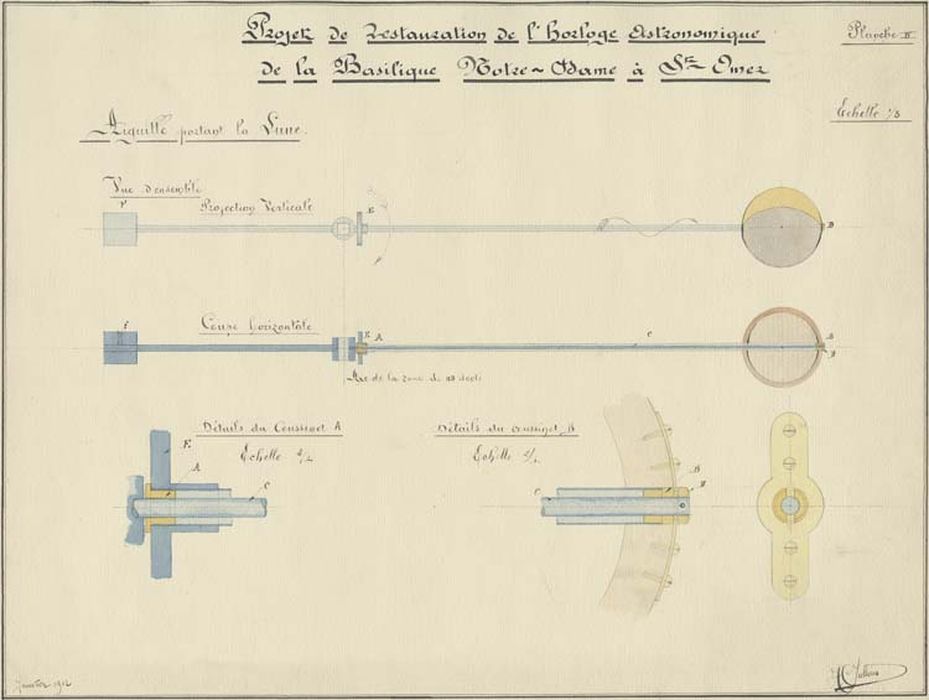 horloge astronomique, détail de l’aiguille portant la lune (dessin : Encre sur papier)