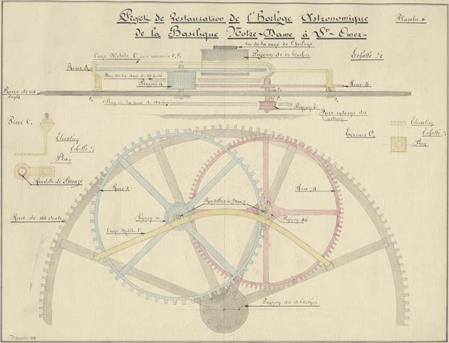 horloge astronomique, détail des mouvements (dessin : Encre sur papier)