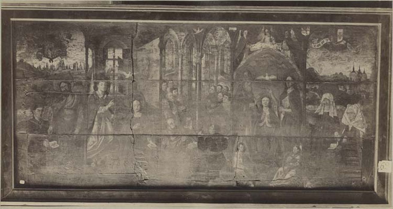 tableau : Annonciation, Pentecôte (la), le Couronnement de la Vierge les donateurs accompagnés de leurs saints patrons