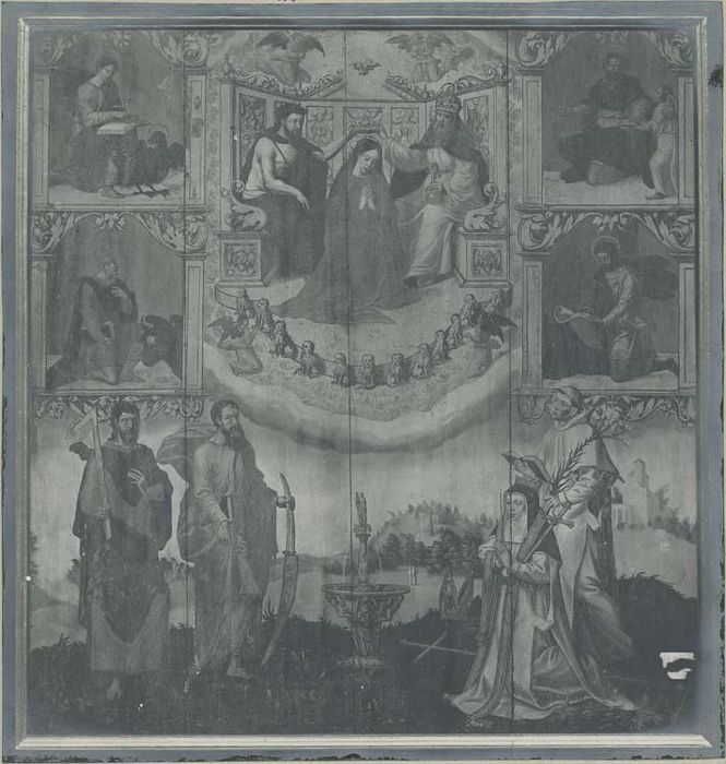 tableau : Couronnement de la Vierge avec les quatre évangélistes trois saints et la donatrice