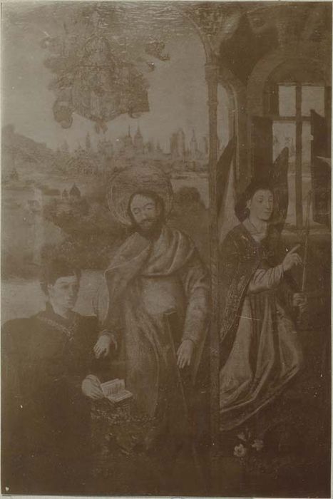 tableau : Annonciation, Pentecôte (la), le Couronnement de la Vierge les donateurs accompagnés de leurs saints patrons, vue partielle