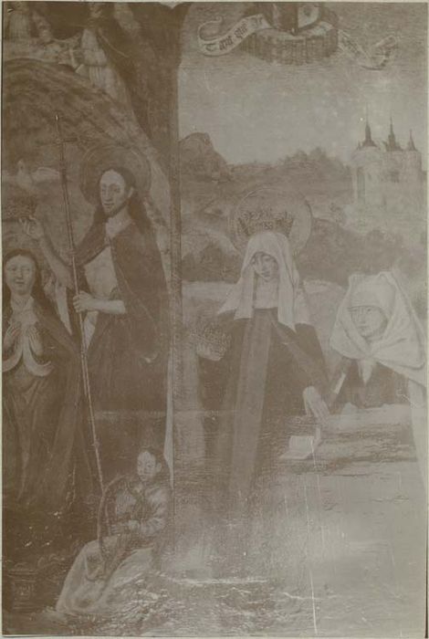 tableau : Annonciation, Pentecôte (la), le Couronnement de la Vierge les donateurs accompagnés de leurs saints patrons, vue partielle
