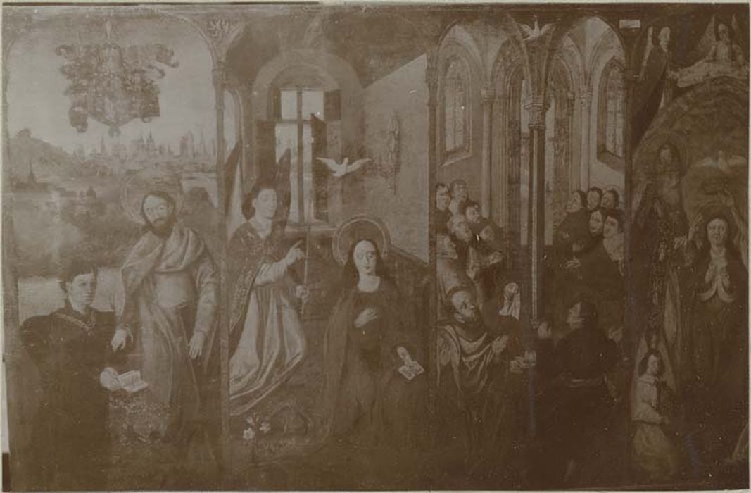 tableau : Annonciation, Pentecôte (la), le Couronnement de la Vierge les donateurs accompagnés de leurs saints patrons