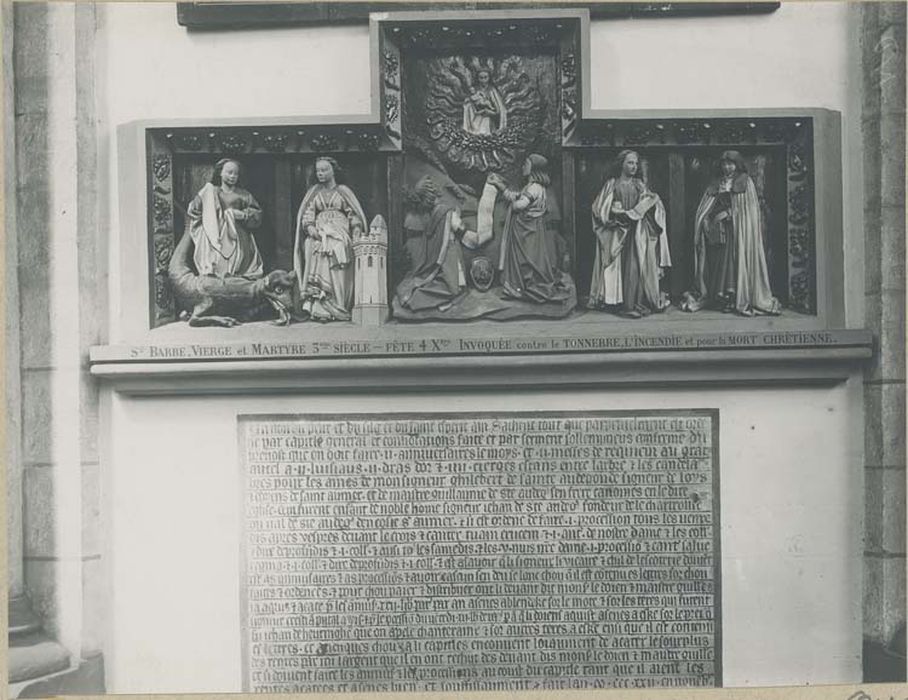 retable, bas-relief : Vierge sainte Marthe sainte Barbe sainte Marguerite saint Thérèse et deux donateurs (la)