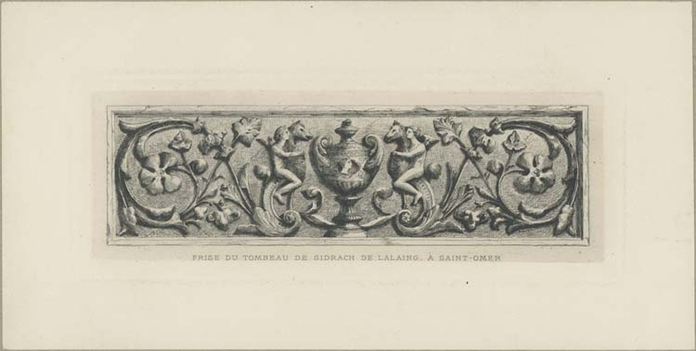 monument funéraire de Sidrach de Lalaing (bas-relief) : Sidrach Misach et Abdenago jetés dans la fournaise, détail (document imprimé)