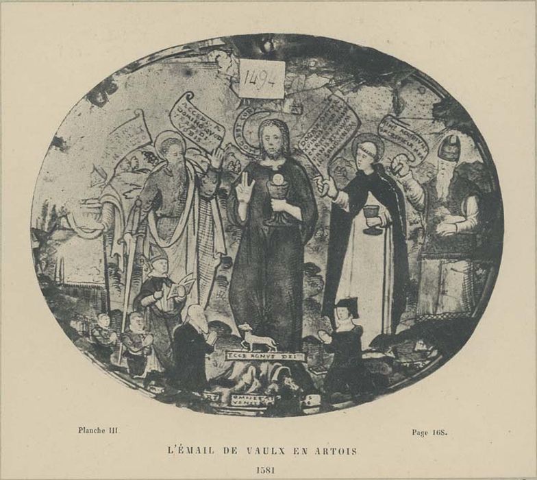 ex-voto : Christ entre saint Paul saint Thomas d'Aquin Melchisedech et Aaron et les donateurs (document imprimé)