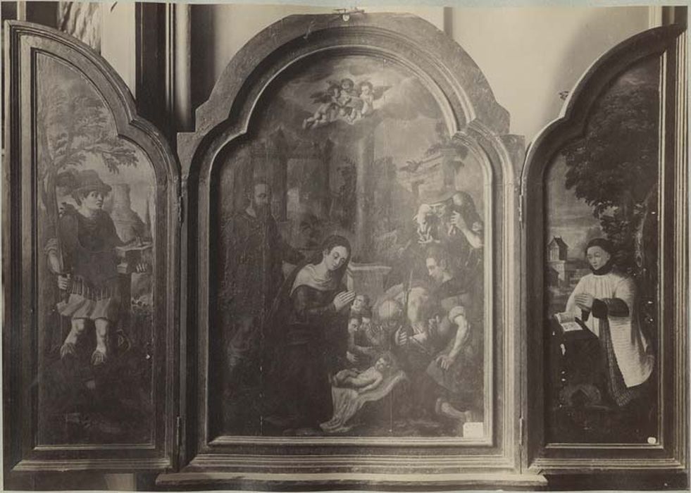 tableau (triptyque) : Adoration des bergers, saint Adrien, un chanoine donateur, saint Omer et saint Bertin au revers