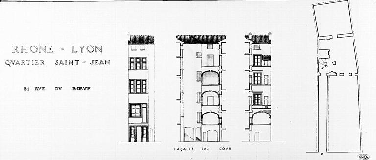 Plan et élévations des façades sur cour