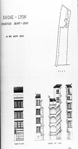 Plan et élévations des façades sur cour et sur rue