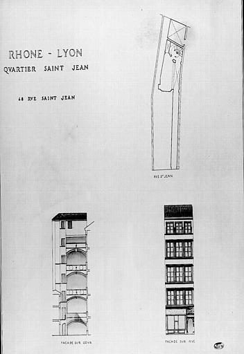 Plan et élévations des façades sur cour et sur rue