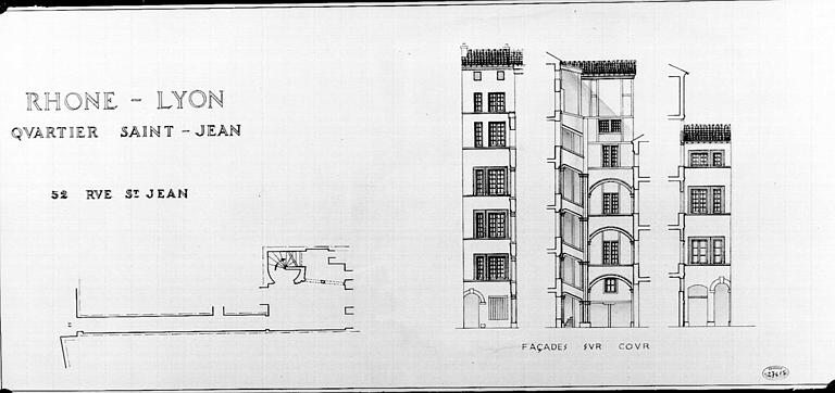 Plan, coupes et élévations des façades sur cour