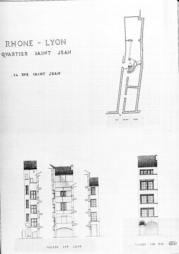 Plan, coupes et élévations des façades sur cour et sur rue