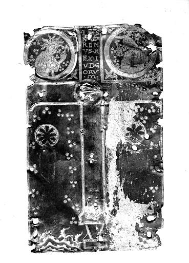 Châsse de saint Bobolène, plaque émaillée en feuilles de métal sur âme de bois : Croix, soleil et lune