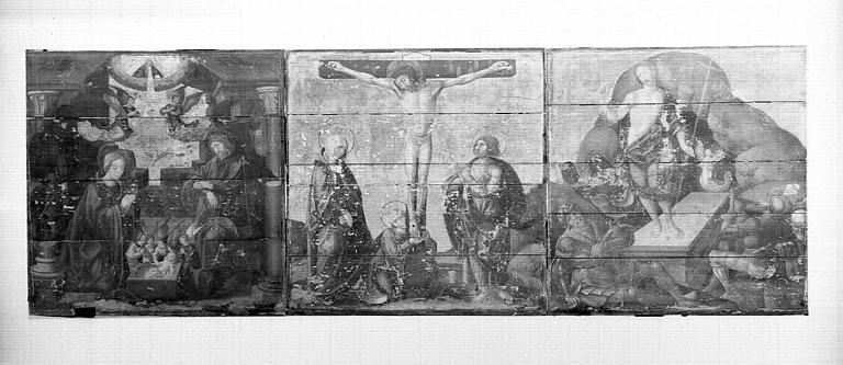 Triptyque de panneaux peints : Nativité, Crucifixion et Résurrection