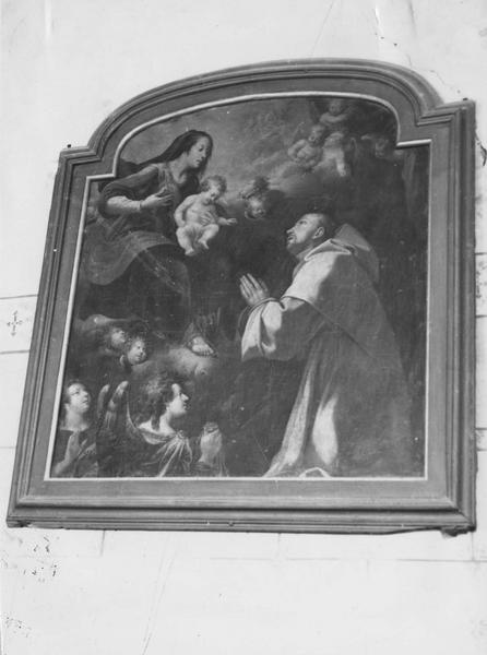 tableau : saint religieux agenouillé devant la Vierge, vue générale