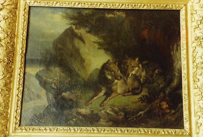 tableau : couple de loups dans un paysage, vue générale