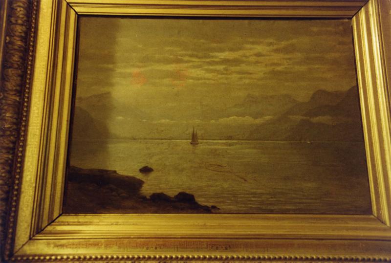 tableau : paysage avec lac et montagnes