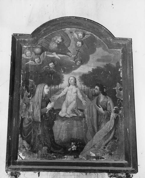 tableau, cadre : Dieu le père présentant la croix à Jésus enfant entre la Vierge et saint Joseph, vue générale