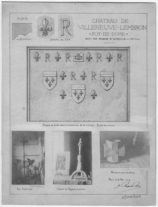 serrure, tirage de porte, haut-relief aux armoiries de Rigaud d’Aureille ; façade d’une maison faisant face au château