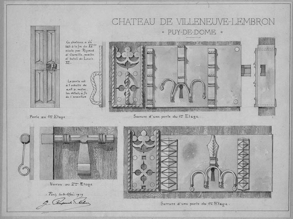 vantail de porte, serrures, verrou (dessin : encre sur papier)