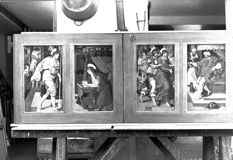 triptyque, panneaux peints des volets intérieurs : Annonciation, Comparution du Christ devant Pilate